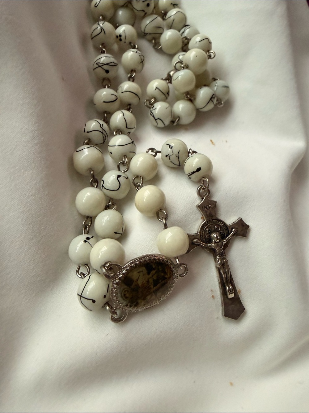 St. Benedict Catholic Rosary Cream Black Beads Religious Medal Crucifix AS IS